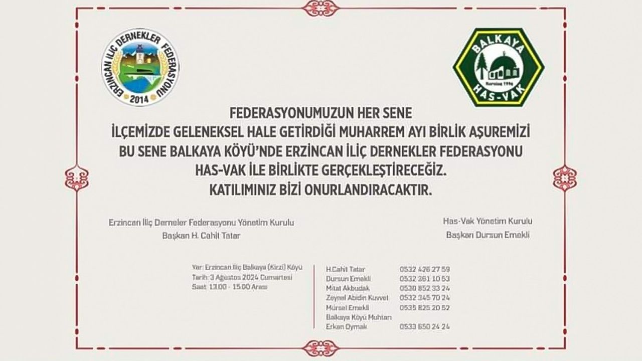 İliç Dernekler Federasyonu ve Has- Vak tarafından Aşure Programı Düzenlenecek