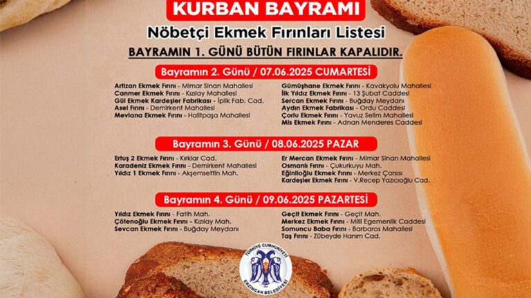 Kurban Bayramı’nda Erzincan’da Nöbetçi Fırınlar Belli Oldu